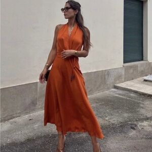 Zara Women’s orange linen blend midi dress size medium.